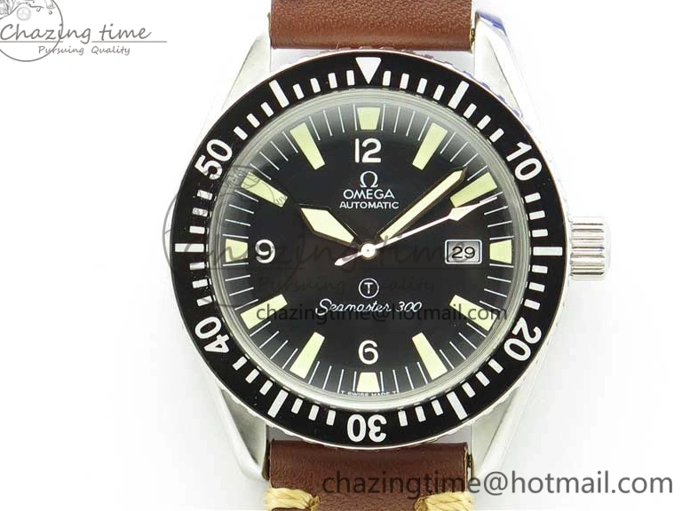 0414 Vintage Seamaster 300 Date T SS B12 Black Dial On Brown Leather Strap A2836 (Free Nylon Strap) WeatherProof 7911